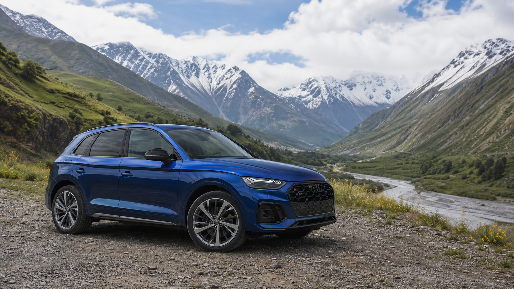 Новый Audi Q5 2025 на фоне горной реки у Казбеги — демонстрационное фото Geo Car com