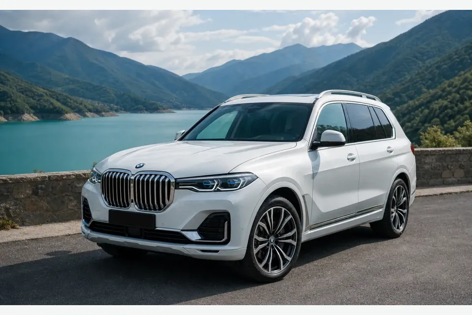 Белый BMW X7 2020 у Жинвальского водохранилища в Грузии