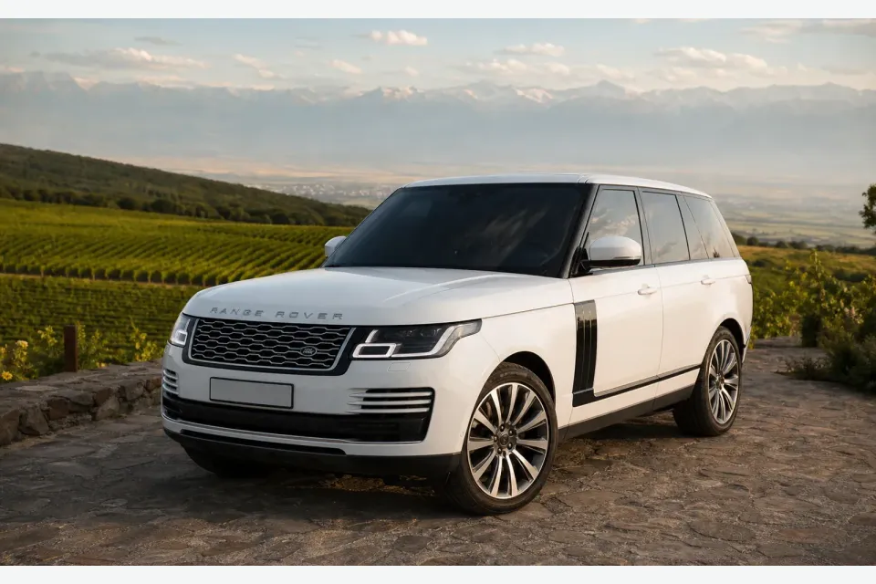 Белый Range Rover Vogue Autobiography 2018 на фоне виноградников Кахетии