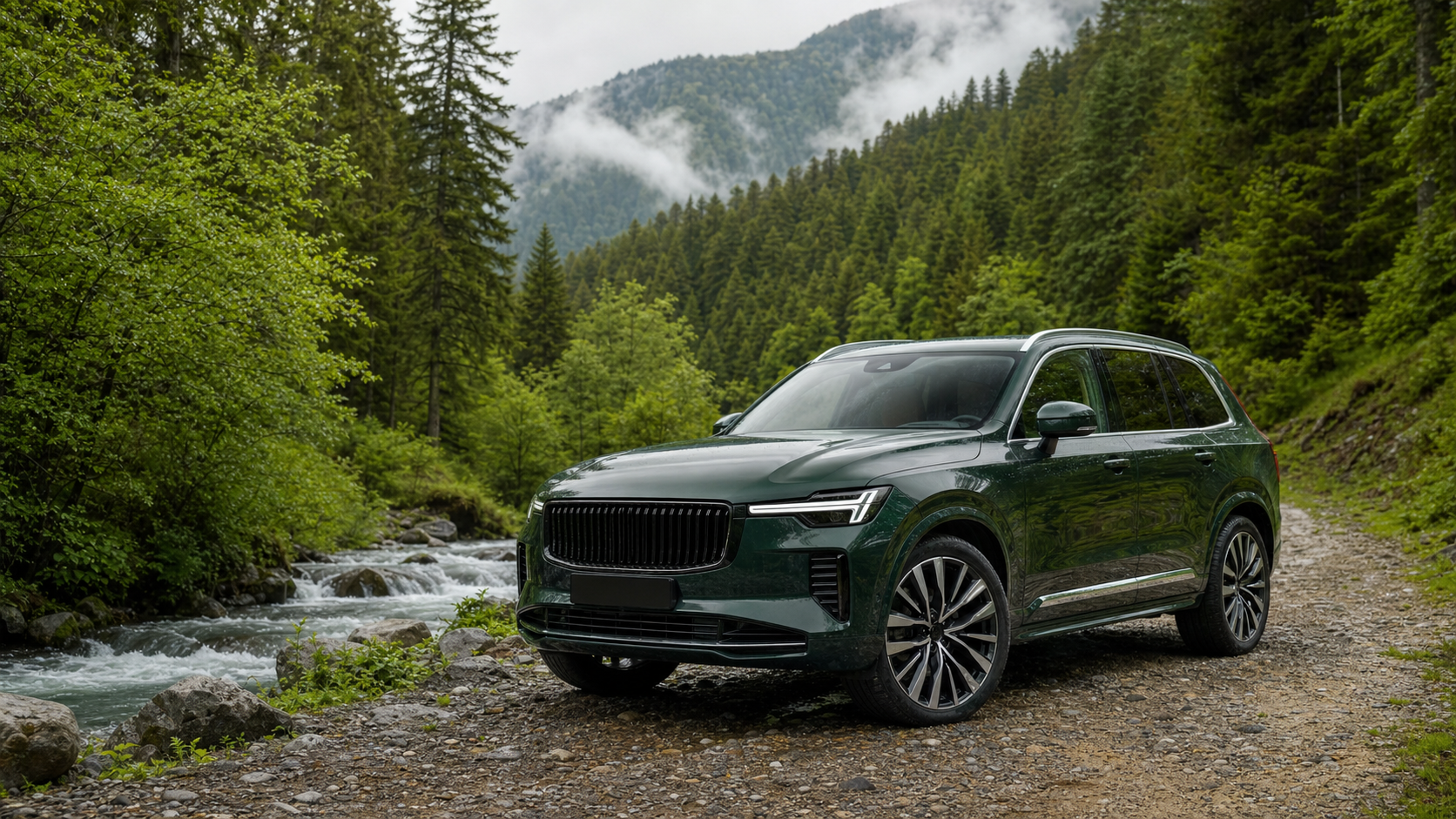 Новый Volvo XC90 2025 на лесной дороге у реки в Боржоми — демонстрационное фото Geo Car com